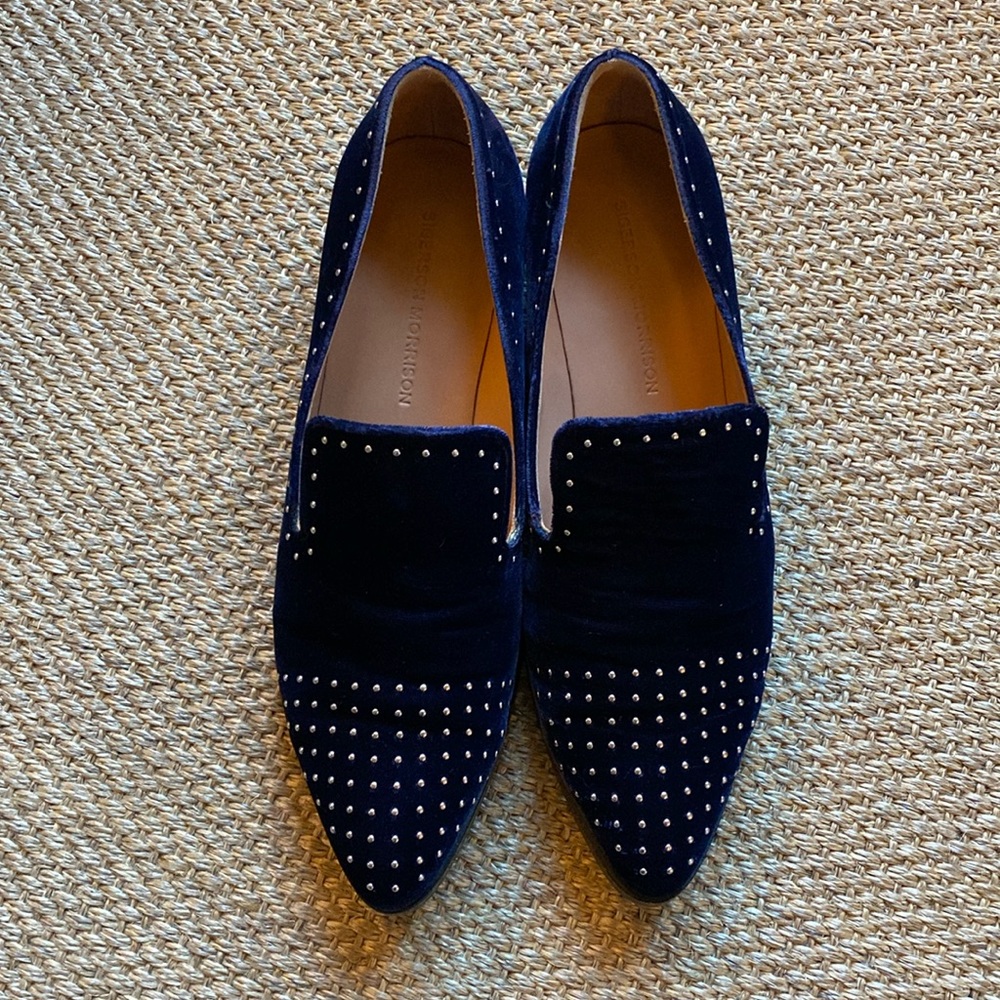 Sigerson Morrison Edna Blue Velvet Studded Loafers, Size 8 GUC